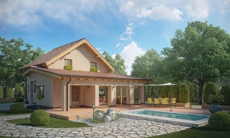 Maison de famille moderne avec salon et espace de cuisine au rez-de-chaussée.